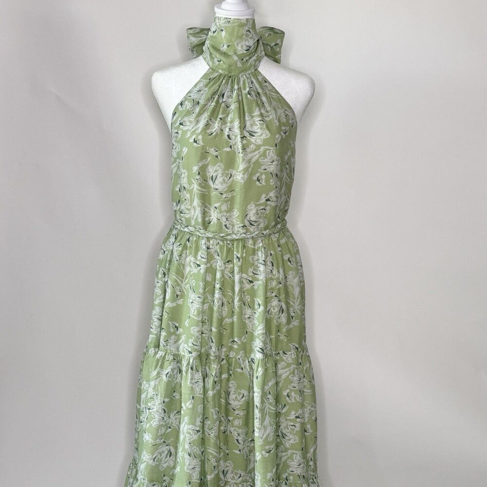 EN SAISON Halter Tiered Maxi Dress Women's Sz S Pale Green Floral Boho Coquette